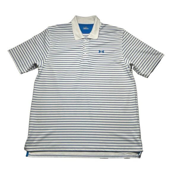 Under Armour Shirt Men's Large White Blue Striped Short Sleeve Heatgear Loose - Picture 1 of 7